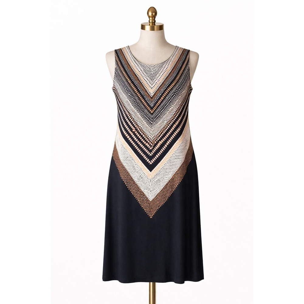 Emma & Michele Dress Womens M Black Tan White Geometric Chevron Sleeveless Shift